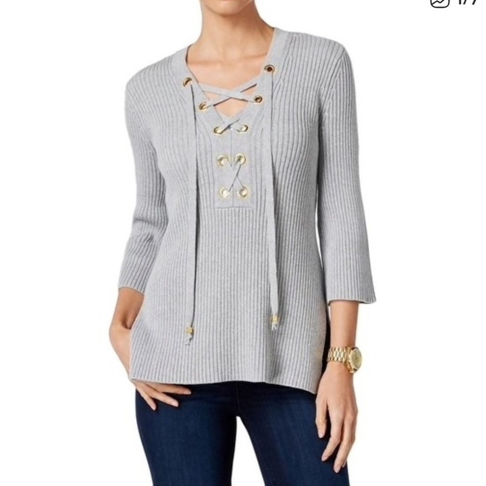 Michael Kors Gray Ribbed Lace Up V-Neck Sweater Gold Grommet 3/4 Sleeve Petite S